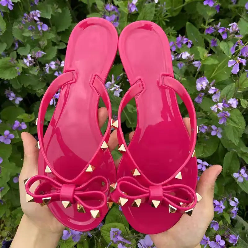 Women’s Summer Sandals – Stylish Flat Jelly Flip Flops with Bow & Rivets
