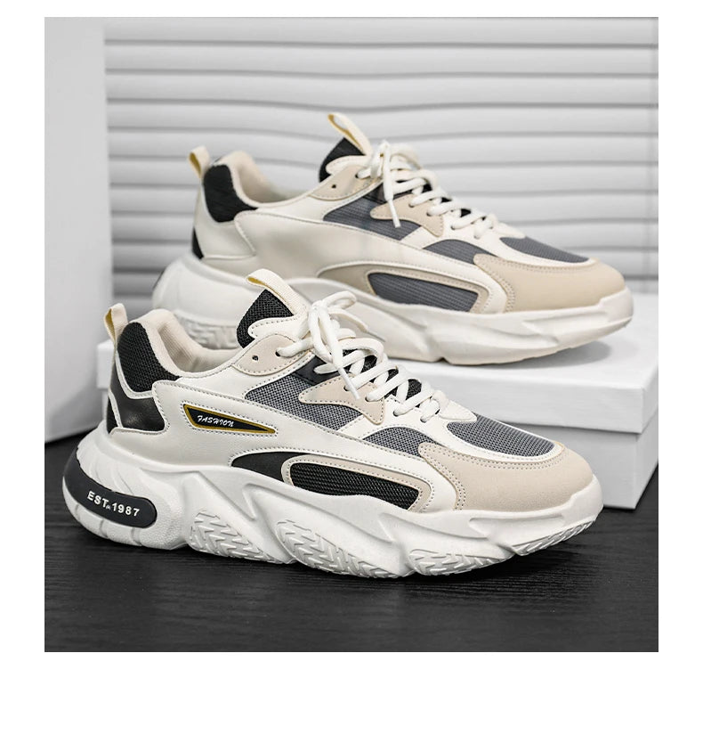 Men’s Trendy Mesh Sneakers – Thick Sole, Breathable, Lace-Up Casual Sports Shoes
