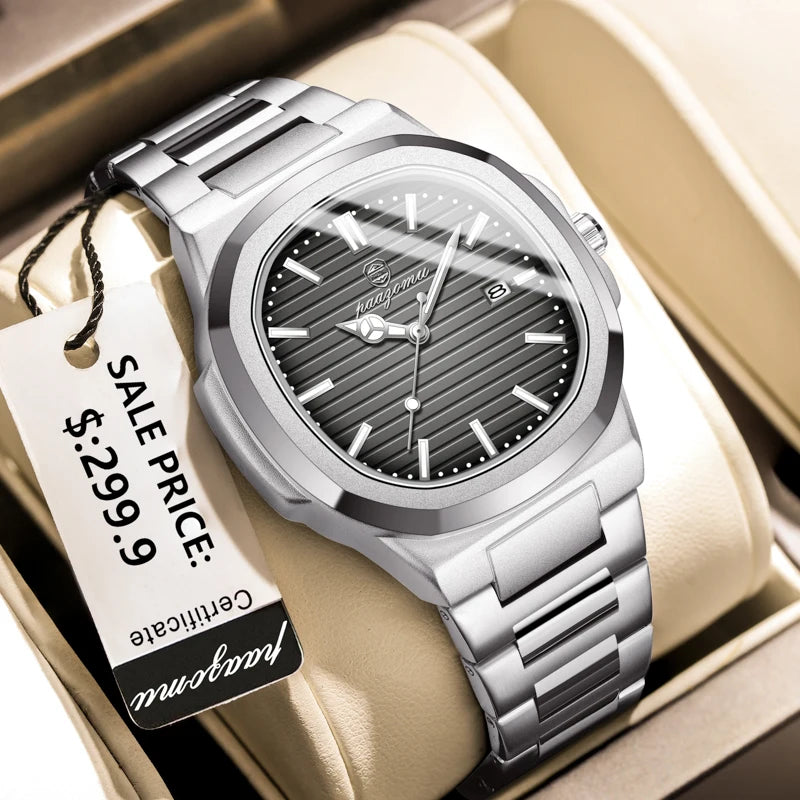 POEDAGAR Men’s Luxury Stainless Steel Watch – Quartz, Luminous, Waterproof with Square Calendar