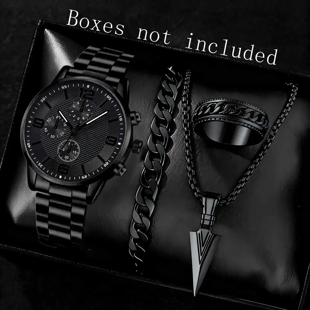 Men’s Black Watch Set – 2/4PCS Classic Quartz & Jewelry