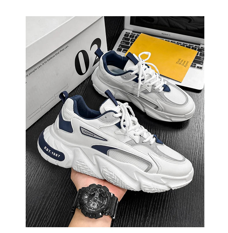 Men’s Trendy Mesh Sneakers – Thick Sole, Breathable, Lace-Up Casual Sports Shoes