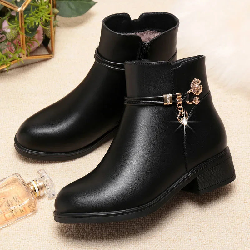 Women’s Leather Boots – Warm Autumn/Winter, Rhinestone Detail, Low Heel, Side Zip