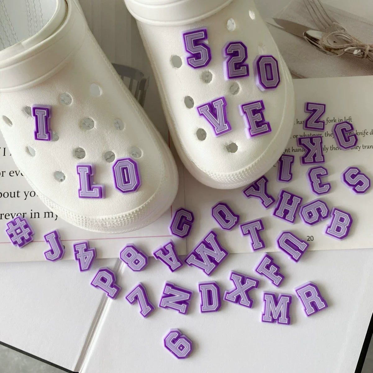 Purple Alphabet Letter Pins Shoe Charms for Crocs Clog Bubble Slides Accessories DIY Shoe Decoration Buckle Charms Party Gifts