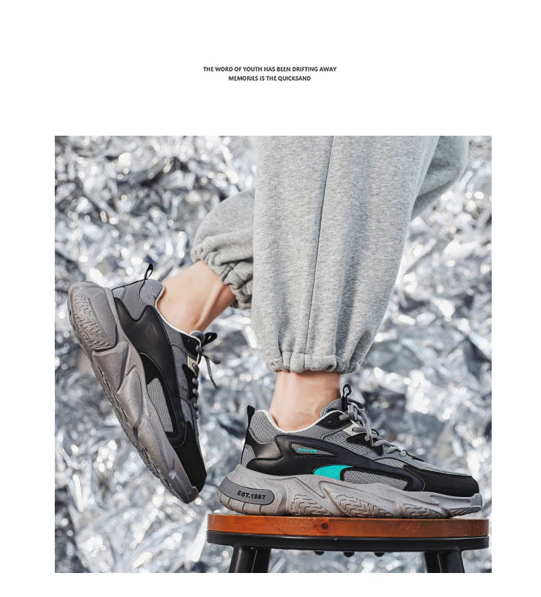 Men’s Trendy Mesh Sneakers – Thick Sole, Breathable, Lace-Up Casual Sports Shoes