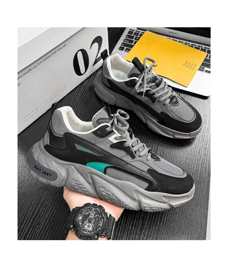 Men’s Trendy Mesh Sneakers – Thick Sole, Breathable, Lace-Up Casual Sports Shoes