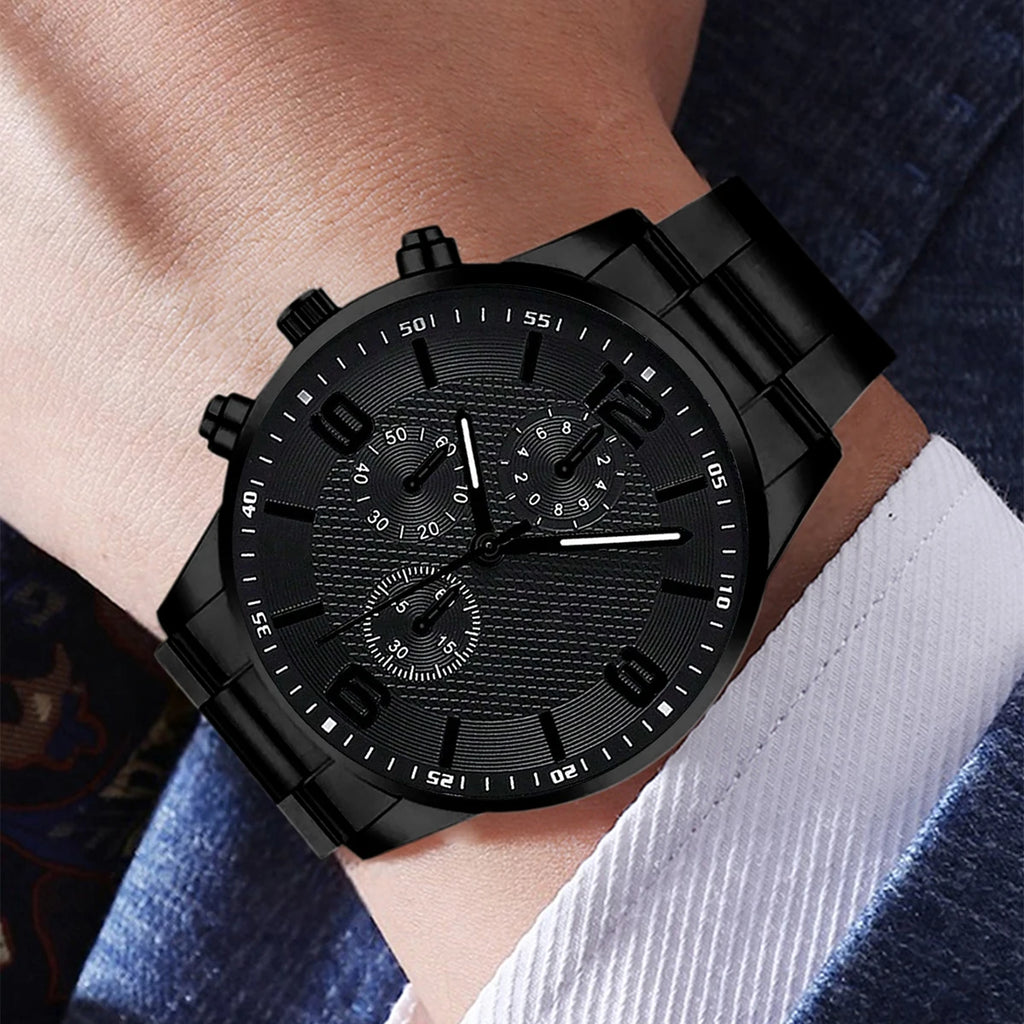 Men’s Black Watch Set – 2/4PCS Classic Quartz & Jewelry