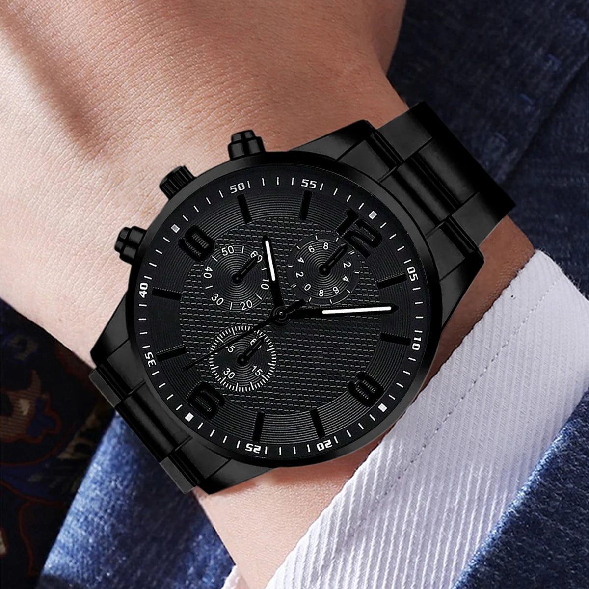 Men’s Black Watch Set – 2/4PCS Classic Quartz & Jewelry