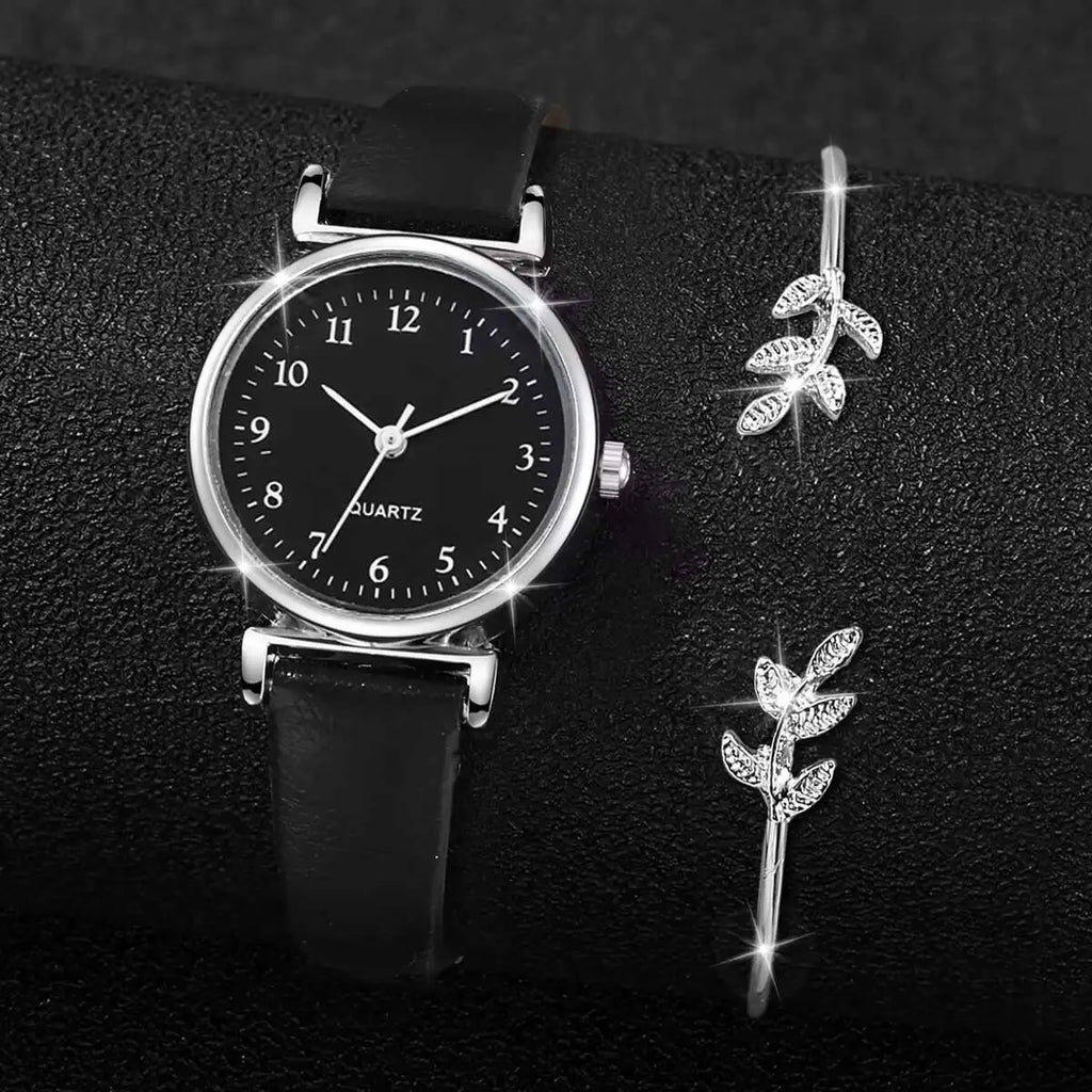 Women’s Fashion Watch & Bracelet Set – Leather Strap