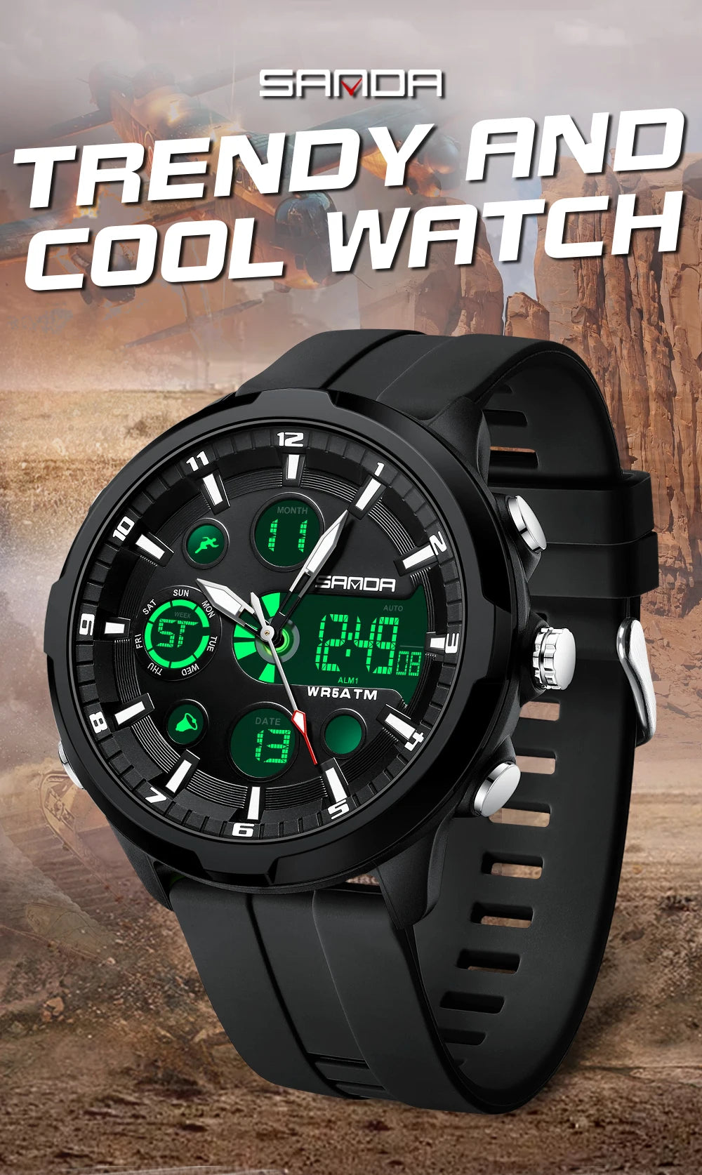 SANDA 9053 Dual-Display Sports Watch – 50M Waterproof