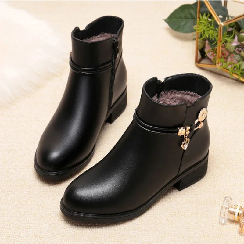 Women’s Leather Boots – Warm Autumn/Winter, Rhinestone Detail, Low Heel, Side Zip