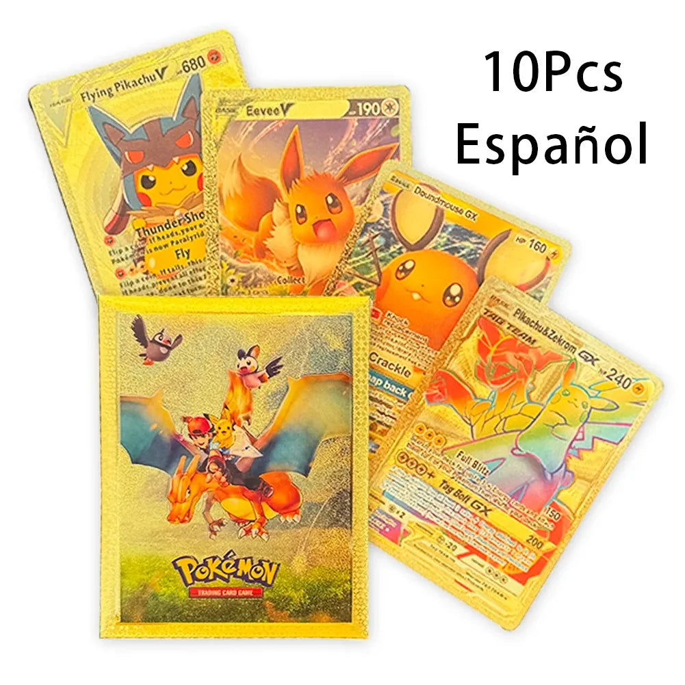 10-55Pcs Pokemon Gold Foil Cards Golden Letters English Spanish French German Game Card Metalicas Charizard Vmax Gx Series Gift