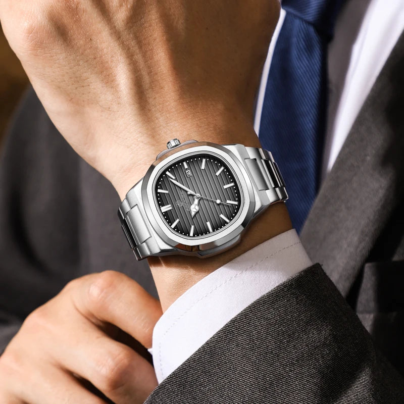 POEDAGAR Men’s Luxury Stainless Steel Watch – Quartz, Luminous, Waterproof with Square Calendar
