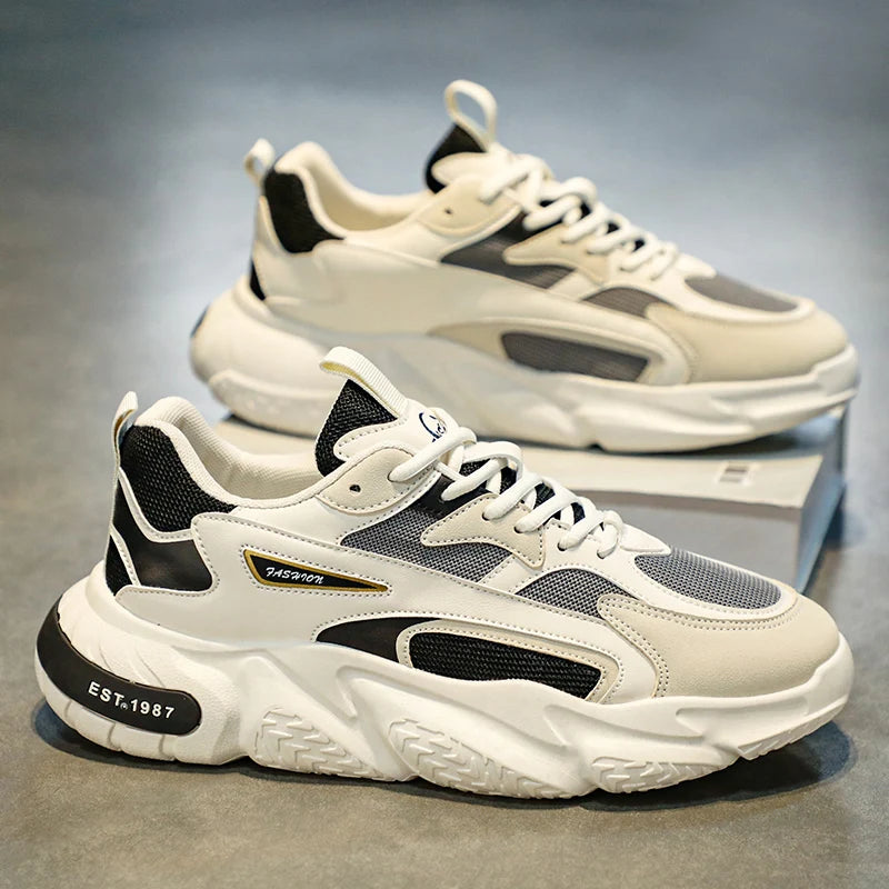 Men’s Trendy Mesh Sneakers – Thick Sole, Breathable, Lace-Up Casual Sports Shoes