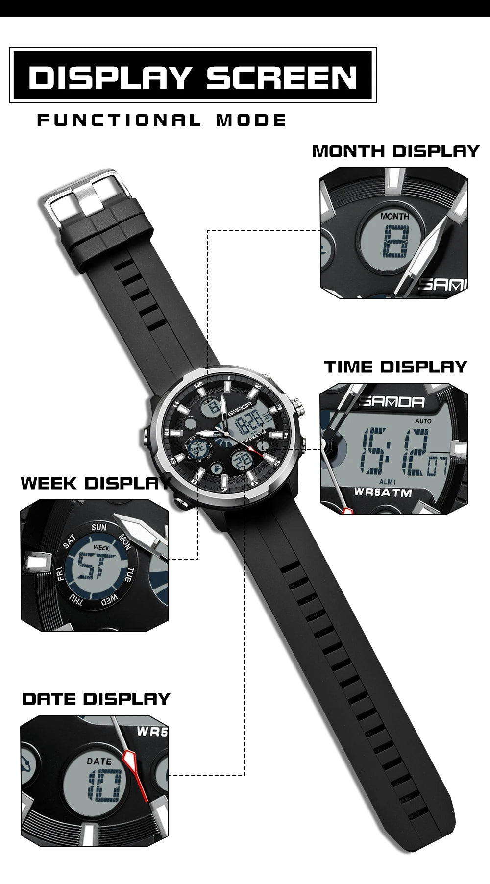 SANDA 9053 Dual-Display Sports Watch – 50M Waterproof
