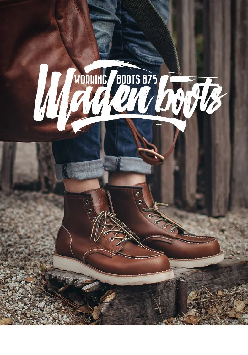 Men’s Vintage Brown Leather Boots – Motorcycle Style, Lace-Up, High-Top, Outdoor Ankle Shoes