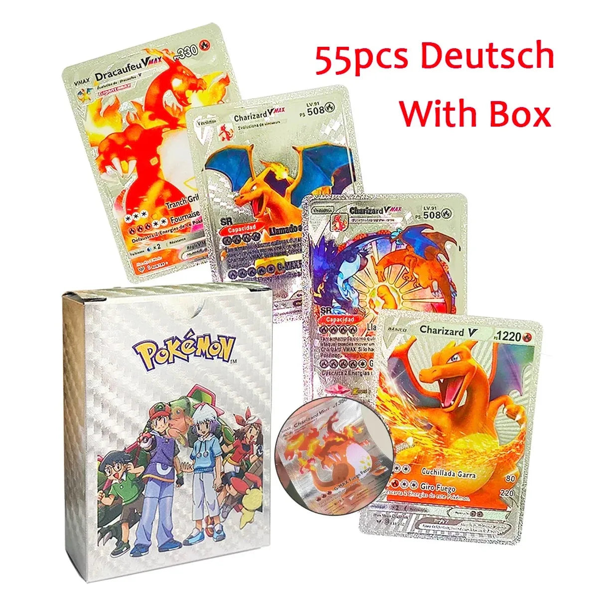 10-55Pcs Pokemon Gold Foil Cards Golden Letters English Spanish French German Game Card Metalicas Charizard Vmax Gx Series Gift