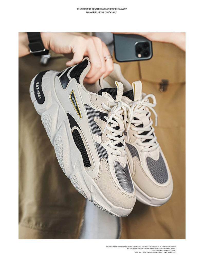 Men’s Trendy Mesh Sneakers – Thick Sole, Breathable, Lace-Up Casual Sports Shoes