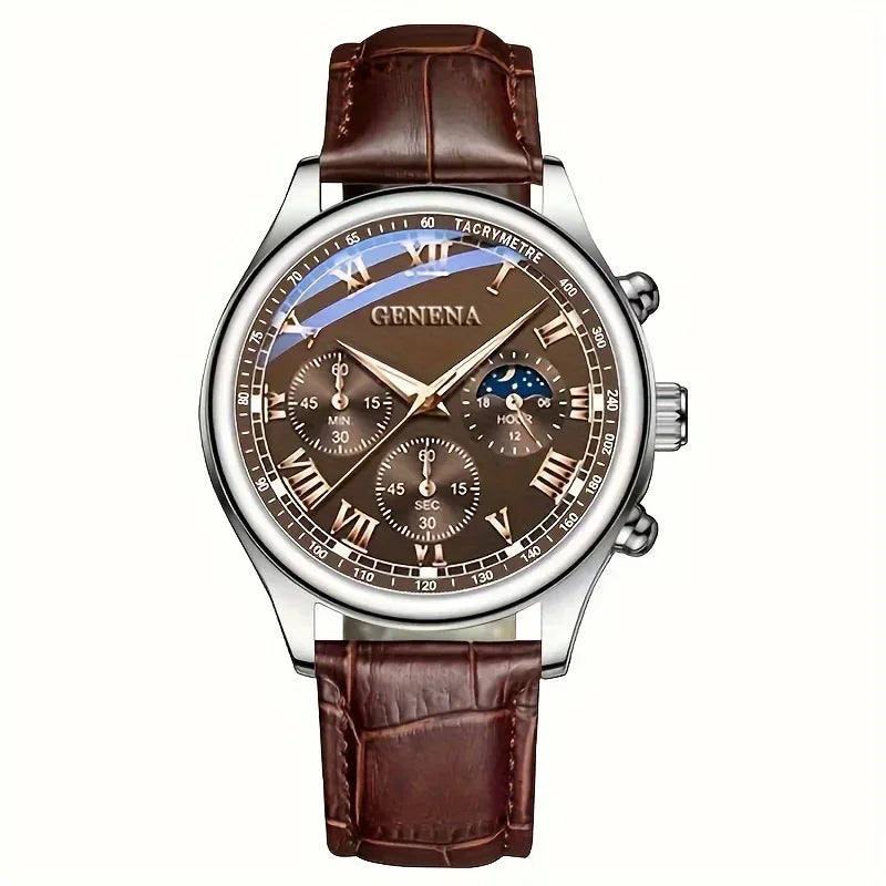 Men’s Round Dial Leather Strap Quartz Watch