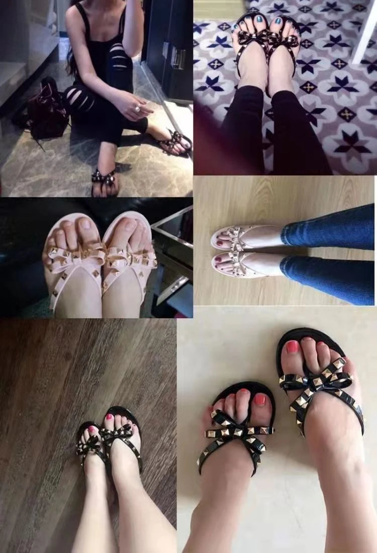 Women’s Summer Sandals – Stylish Flat Jelly Flip Flops with Bow & Rivets