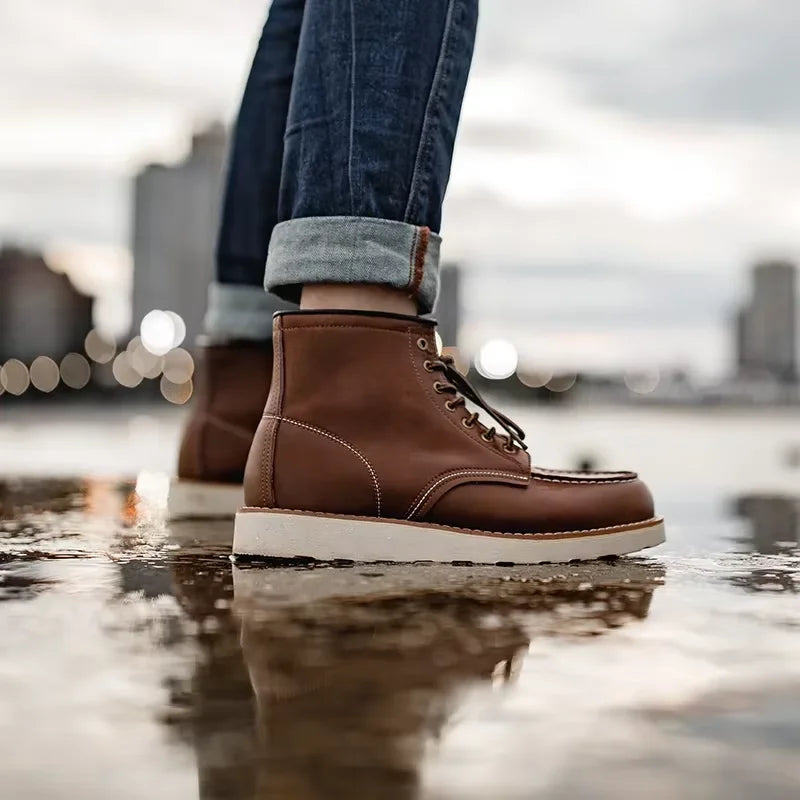 Men’s Vintage Brown Leather Boots – Motorcycle Style, Lace-Up, High-Top, Outdoor Ankle Shoes