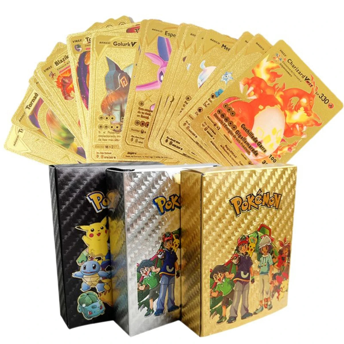 10-55Pcs Pokemon Gold Foil Cards Golden Letters English Spanish French German Game Card Metalicas Charizard Vmax Gx Series Gift