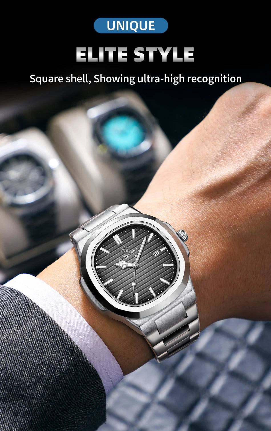 POEDAGAR Men’s Luxury Stainless Steel Watch – Quartz, Luminous, Waterproof with Square Calendar