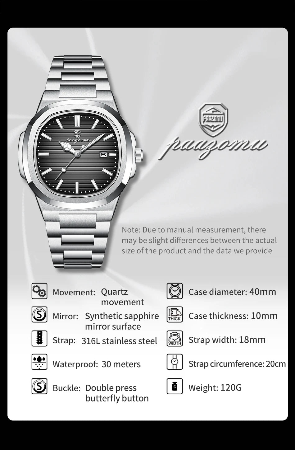 POEDAGAR Men’s Luxury Stainless Steel Watch – Quartz, Luminous, Waterproof with Square Calendar