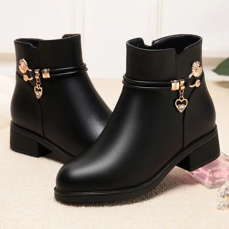 Women’s Leather Boots – Warm Autumn/Winter, Rhinestone Detail, Low Heel, Side Zip