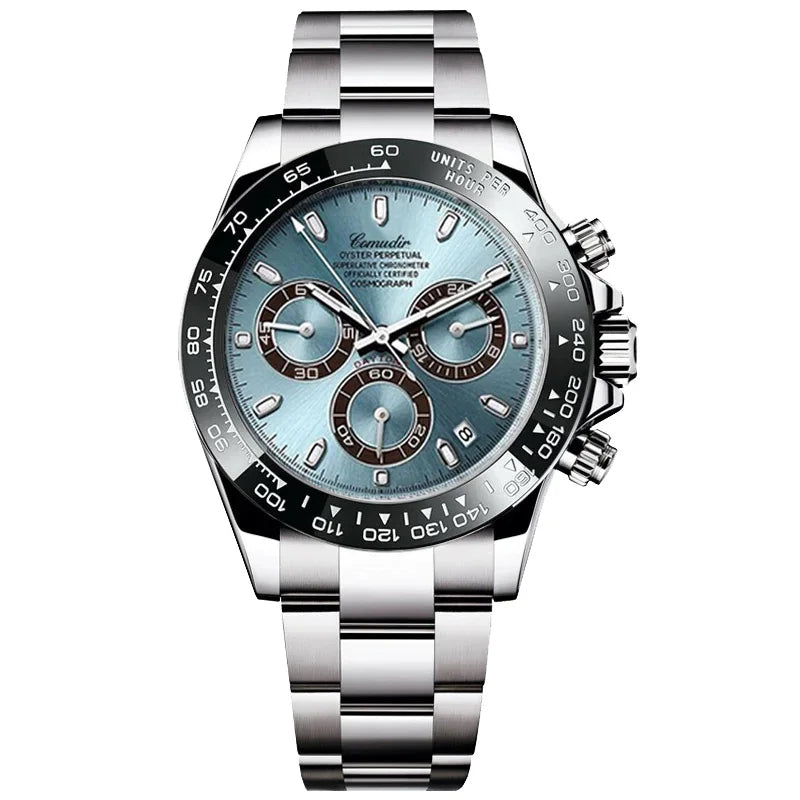 A stylish and elegant three-eye multi-purpose quartz watch with silver steel strap for men