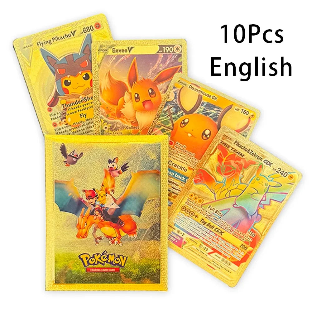 10-55Pcs Pokemon Gold Foil Cards Golden Letters English Spanish French German Game Card Metalicas Charizard Vmax Gx Series Gift