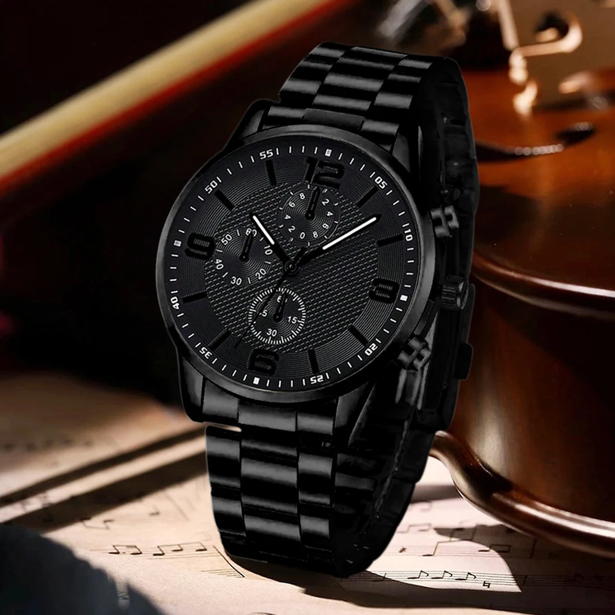 Men’s Black Watch Set – 2/4PCS Classic Quartz & Jewelry
