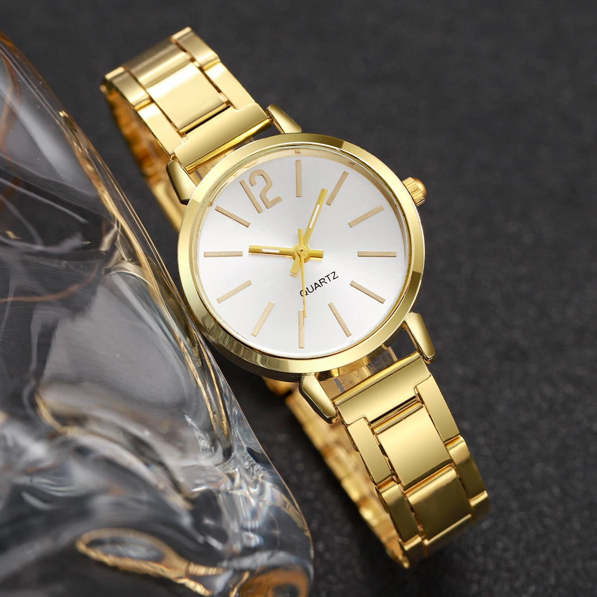 Gold Quartz Ladies Watch with Matching Cuff Bracelet – 2PCS