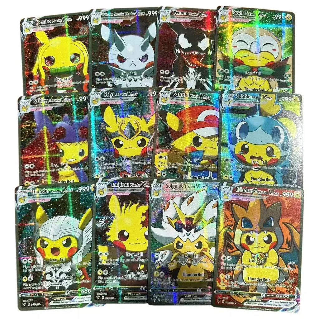 Latest 55PCS Pokemon Anime Holographic Cards Pikachu Characters Cosplay English Shiny Collection Trading Card Toys Kids Gift
