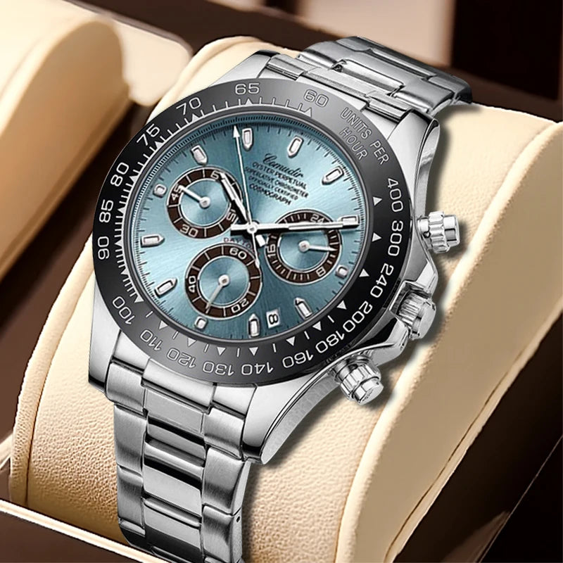 A stylish and elegant three-eye multi-purpose quartz watch with silver steel strap for men
