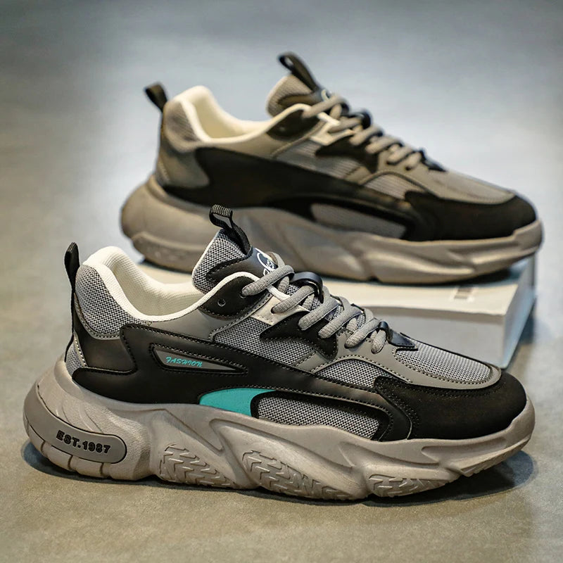 Men’s Trendy Mesh Sneakers – Thick Sole, Breathable, Lace-Up Casual Sports Shoes