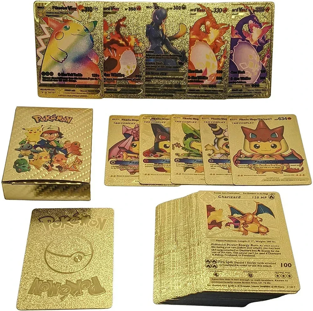 10-55Pcs Pokemon Gold Foil Cards Golden Letters English Spanish French German Game Card Metalicas Charizard Vmax Gx Series Gift