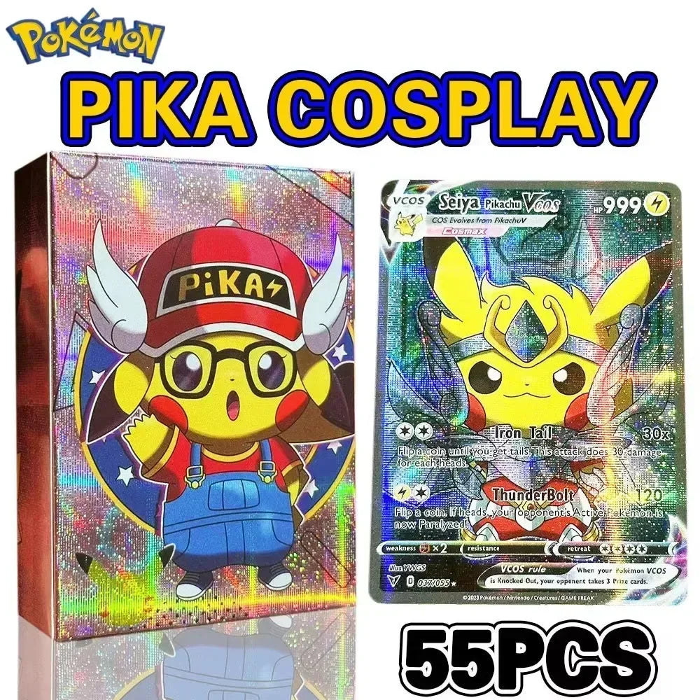 Latest 55PCS Pokemon Anime Holographic Cards Pikachu Characters Cosplay English Shiny Collection Trading Card Toys Kids Gift
