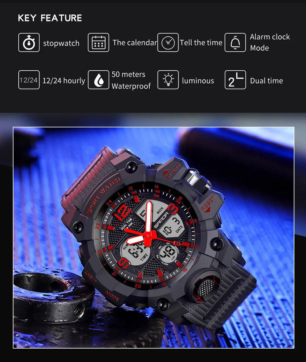 SANDA 6030 Military Digital + Quartz Watch – Waterproof Sports Model