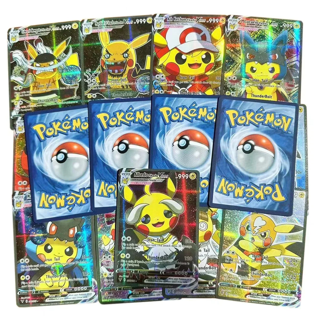 Latest 55PCS Pokemon Anime Holographic Cards Pikachu Characters Cosplay English Shiny Collection Trading Card Toys Kids Gift