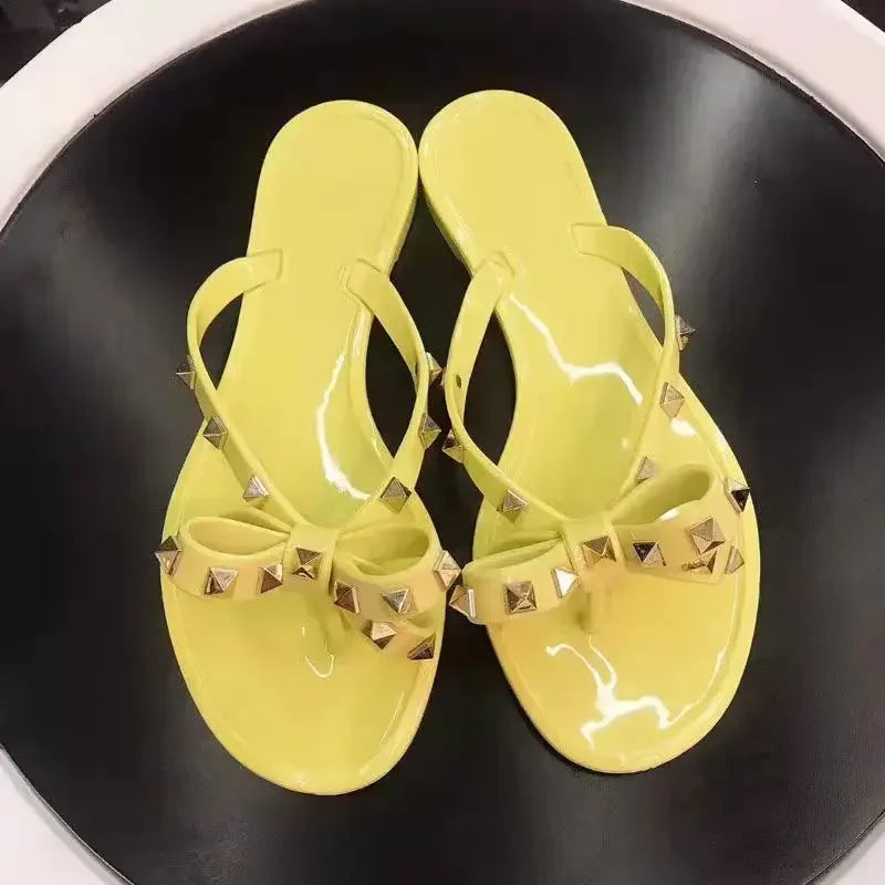 Women’s Summer Sandals – Stylish Flat Jelly Flip Flops with Bow & Rivets