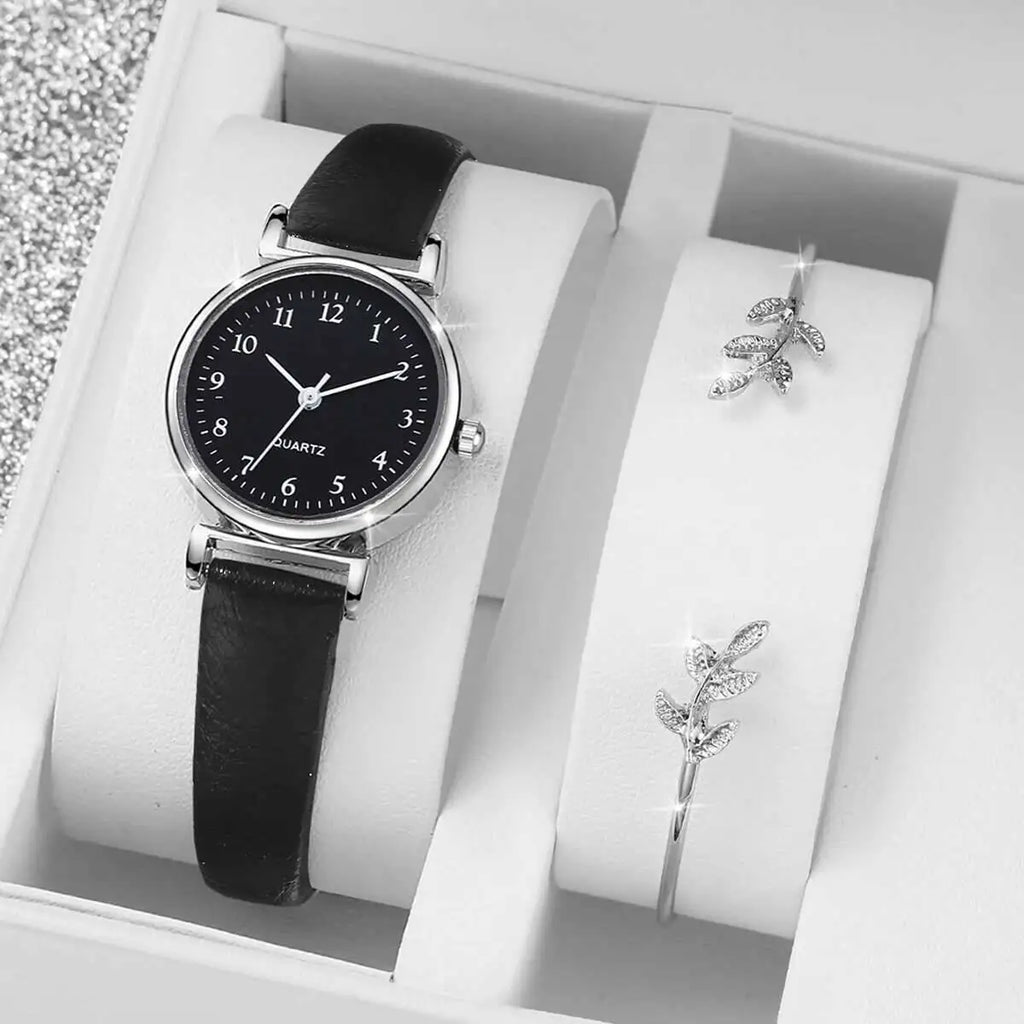 Women’s Fashion Watch & Bracelet Set – Leather Strap