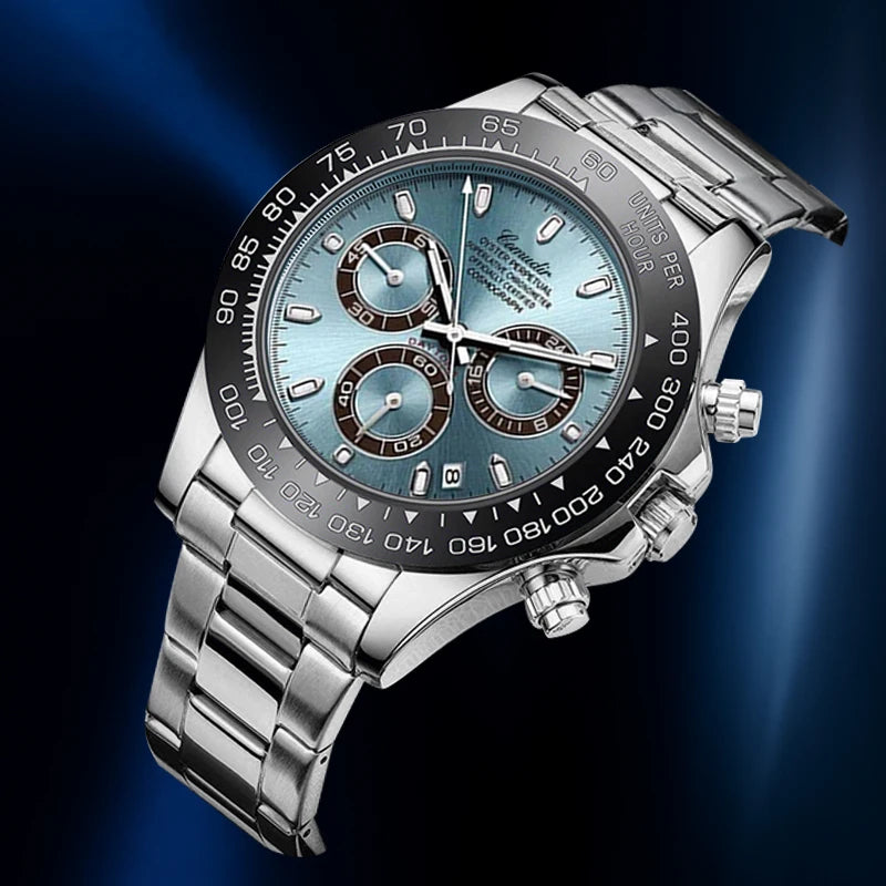 A stylish and elegant three-eye multi-purpose quartz watch with silver steel strap for men
