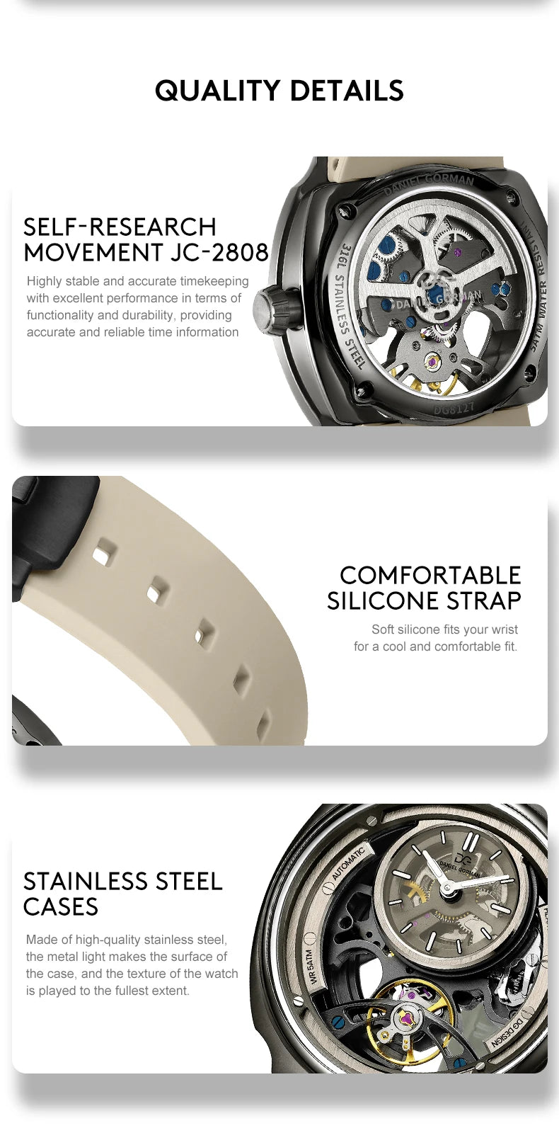 DANIEL GORMAN Men’s Automatic Watch – Sports Silicone Strap, 5 ATM Waterproof, Mechanical