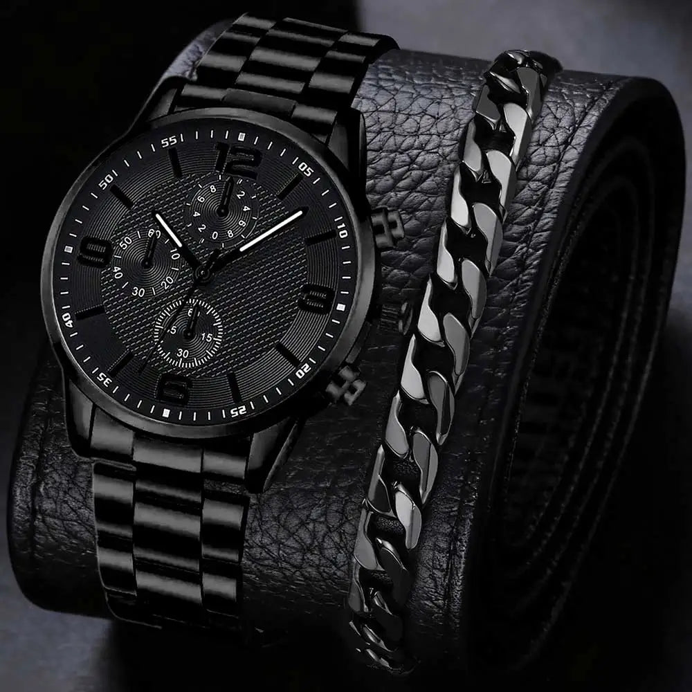 Men’s Black Watch Set – 2/4PCS Classic Quartz & Jewelry
