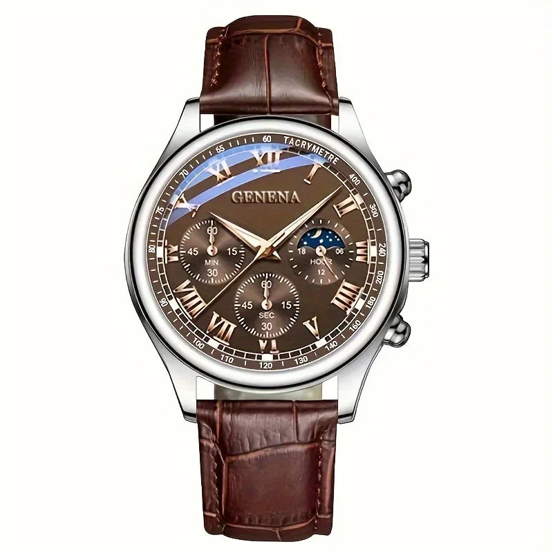 Men’s Round Dial Leather Strap Quartz Watch