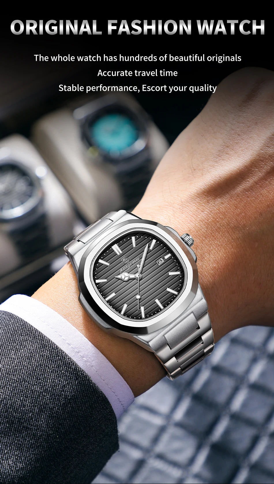 POEDAGAR Men’s Luxury Stainless Steel Watch – Quartz, Luminous, Waterproof with Square Calendar