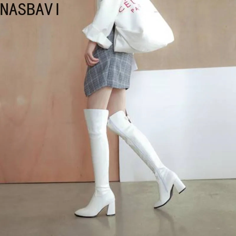 NASBAVI Women’s Over-the-Knee Boots – Winter Thigh-High, Thick Heel, Stretch Slip-On Autumn Shoes