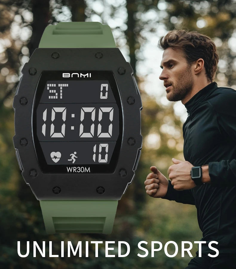 BNMI 2025 Men’s Outdoor Sports Digital Watch – Rectangle Face