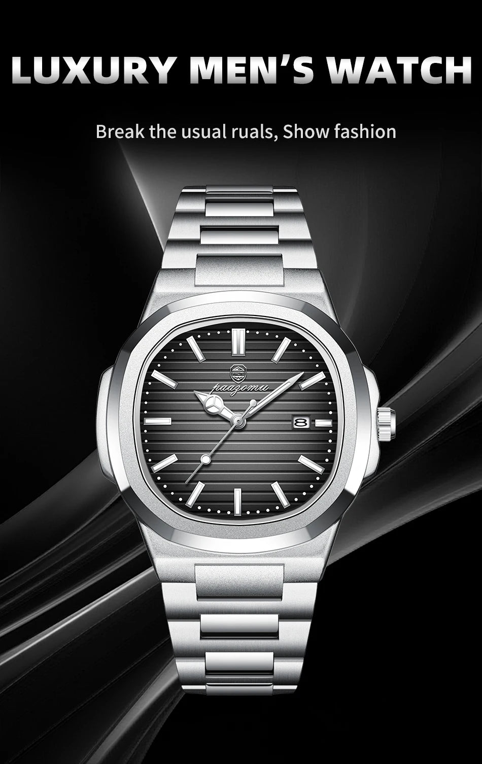 POEDAGAR Men’s Luxury Stainless Steel Watch – Quartz, Luminous, Waterproof with Square Calendar