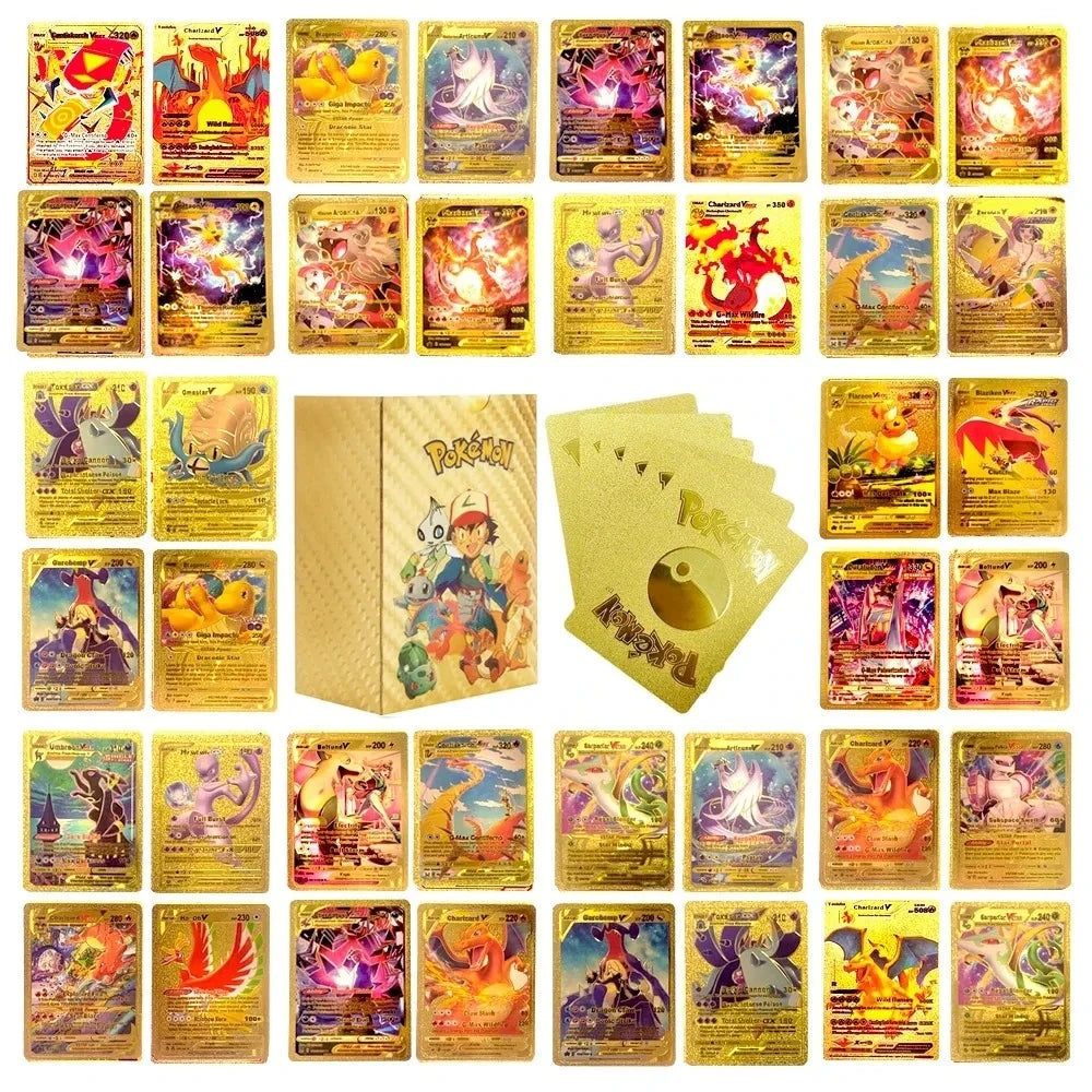 10-55Pcs Pokemon Gold Foil Cards Golden Letters English Spanish French German Game Card Metalicas Charizard Vmax Gx Series Gift